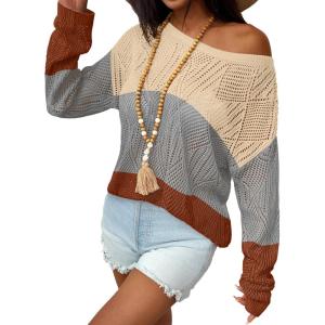 image:imageZeagoo Crochet Tops for Women Off The Shoulder Sweaters Summer Long Sleeve Hollow Out Knit Beach Clothes SXXLCream Grey Orange Colorblock
