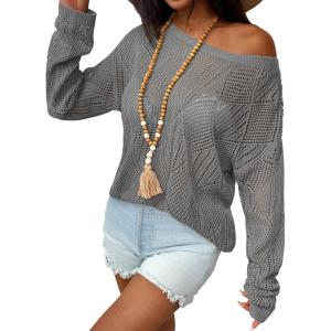 image:imageZeagoo Crochet Tops for Women Off The Shoulder Sweaters Summer Long Sleeve Hollow Out Knit Beach Clothes SXXLGray