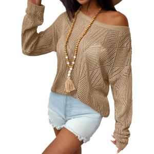image:imageZeagoo Crochet Tops for Women Off The Shoulder Sweaters Summer Long Sleeve Hollow Out Knit Beach Clothes SXXLKhaki