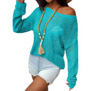 image:imageZeagoo Crochet Tops for Women Off The Shoulder Sweaters Summer Long Sleeve Hollow Out Knit Beach Clothes SXXLLight Blue