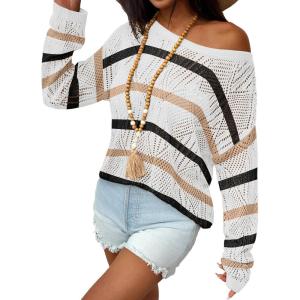image:imageZeagoo Crochet Tops for Women Off The Shoulder Sweaters Summer Long Sleeve Hollow Out Knit Beach Clothes SXXLWhite Khaki Black Stripe