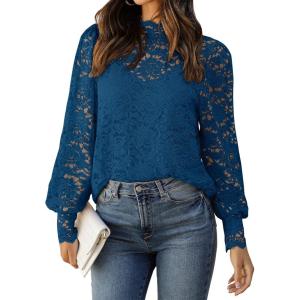 image:imageZeagoo Women Lace Tops Long Sleeves Mock Neck Casual Dressy Tops with Separable Camisole Sexy Blouses Shirts 2 PCS SetDusty Blue