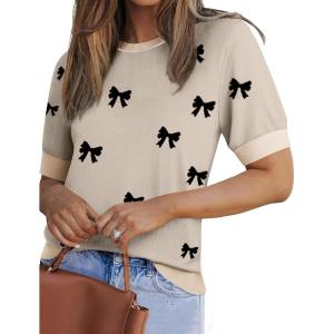 image:imageZeagoo Women Short Sleeve Sweater Summer Crew Neck Dressy Casual Soft Knit Pullover Tops Trendy1bow Knot Black