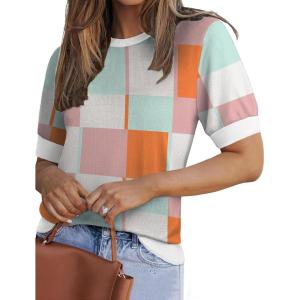 image:imageZeagoo Women Short Sleeve Sweater Summer Crew Neck Dressy Casual Soft Knit Pullover Tops TrendyBlue Pink Gw84