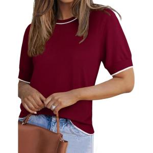 image:imageZeagoo Women Short Sleeve Sweater Summer Crew Neck Dressy Casual Soft Knit Pullover Tops TrendyDark Red
