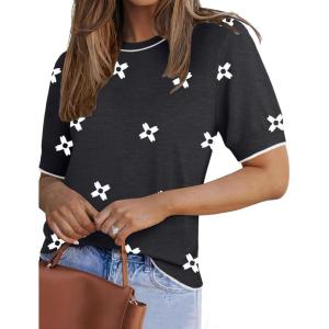 image:imageZeagoo Women Short Sleeve Sweater Summer Crew Neck Dressy Casual Soft Knit Pullover Tops TrendyFloral Jh454 Blackwhite