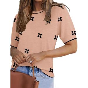 image:imageZeagoo Women Short Sleeve Sweater Summer Crew Neck Dressy Casual Soft Knit Pullover Tops TrendyFloral Jh618 Coralwhite