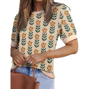 image:imageZeagoo Women Short Sleeve Sweater Summer Crew Neck Dressy Casual Soft Knit Pullover Tops TrendyFloral Khakiorange