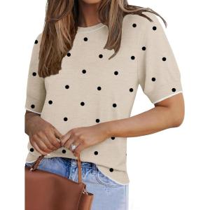 image:imageZeagoo Women Short Sleeve Sweater Summer Crew Neck Dressy Casual Soft Knit Pullover Tops TrendyPolka Pots Khaki 442