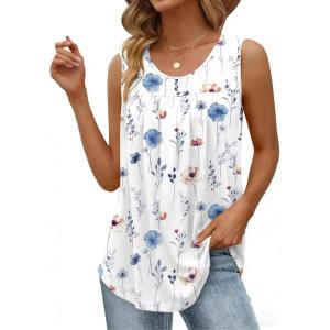 image:imageZeagoo Women Summer Tank Tops Loose Fit Flowy Boho Pleated Sleeveless Shirts Crew Neck Dressy Casual Tunic Trendy BlousesPrinted Floral Bf290