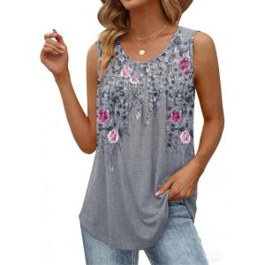 image:imageZeagoo Women Summer Tank Tops Loose Fit Flowy Boho Pleated Sleeveless Shirts Crew Neck Dressy Casual Tunic Trendy BlousesPrinted Floral Hf36