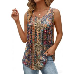 image:imageZeagoo Women Summer Tank Tops Loose Fit Flowy Boho Pleated Sleeveless Shirts Crew Neck Dressy Casual Tunic Trendy BlousesPrinted Paisley Mz721
