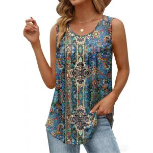 image:imageZeagoo Women Summer Tank Tops Loose Fit Flowy Boho Pleated Sleeveless Shirts Crew Neck Dressy Casual Tunic Trendy BlousesPrinted Paisley Mz779