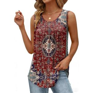 image:imageZeagoo Women Summer Tank Tops Loose Fit Flowy Boho Pleated Sleeveless Shirts Crew Neck Dressy Casual Tunic Trendy BlousesPrinted Paisley Mz870