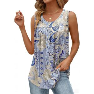 image:imageZeagoo Women Summer Tank Tops Loose Fit Flowy Boho Pleated Sleeveless Shirts Crew Neck Dressy Casual Tunic Trendy BlousesPrinted Paisley Mz919