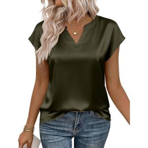image:imageZeagoo Women Tops Silk Satin Blouses V Neck Summer Shirts Cap Sleeve Business Casual Dressy Spring ClothingArmy Green