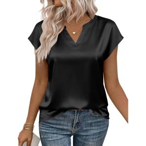image:imageZeagoo Women Tops Silk Satin Blouses V Neck Summer Shirts Cap Sleeve Business Casual Dressy Spring ClothingBlack