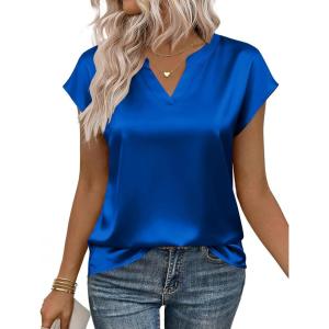image:imageZeagoo Women Tops Silk Satin Blouses V Neck Summer Shirts Cap Sleeve Business Casual Dressy Spring ClothingBlue