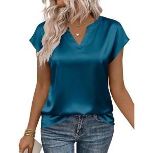 image:imageZeagoo Women Tops Silk Satin Blouses V Neck Summer Shirts Cap Sleeve Business Casual Dressy Spring ClothingBlue Green