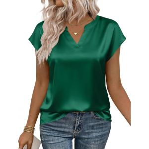 image:imageZeagoo Women Tops Silk Satin Blouses V Neck Summer Shirts Cap Sleeve Business Casual Dressy Spring ClothingGreen