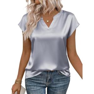 image:imageZeagoo Women Tops Silk Satin Blouses V Neck Summer Shirts Cap Sleeve Business Casual Dressy Spring ClothingLight Grey