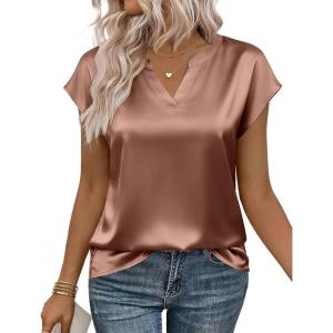 image:imageZeagoo Women Tops Silk Satin Blouses V Neck Summer Shirts Cap Sleeve Business Casual Dressy Spring ClothingLight Khaki