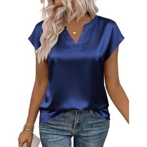 image:imageZeagoo Women Tops Silk Satin Blouses V Neck Summer Shirts Cap Sleeve Business Casual Dressy Spring ClothingNavy Blue