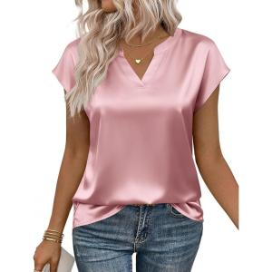 image:imageZeagoo Women Tops Silk Satin Blouses V Neck Summer Shirts Cap Sleeve Business Casual Dressy Spring ClothingPink