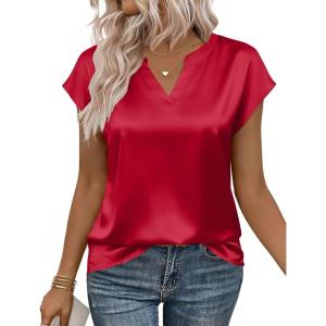 image:imageZeagoo Women Tops Silk Satin Blouses V Neck Summer Shirts Cap Sleeve Business Casual Dressy Spring ClothingRed