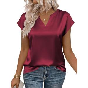 image:imageZeagoo Women Tops Silk Satin Blouses V Neck Summer Shirts Cap Sleeve Business Casual Dressy Spring ClothingWine Red