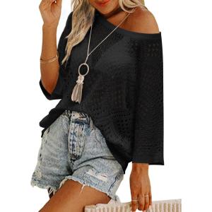image:imageZeagoo Womens 2026 Spring Summer Crochet Top Hollow Out 34 Sleeve Sweater Off Shoulder Beach Knit CoverupBlack