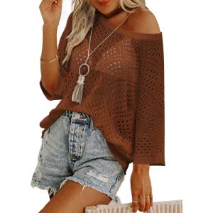 image:imageZeagoo Womens 2026 Spring Summer Crochet Top Hollow Out 34 Sleeve Sweater Off Shoulder Beach Knit CoverupCoffee