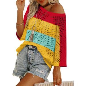 image:imageZeagoo Womens 2026 Spring Summer Crochet Top Hollow Out 34 Sleeve Sweater Off Shoulder Beach Knit CoverupColor Block1