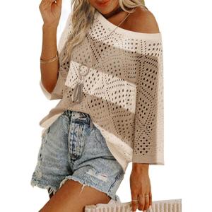 image:imageZeagoo Womens 2026 Spring Summer Crochet Top Hollow Out 34 Sleeve Sweater Off Shoulder Beach Knit CoverupColor Block2