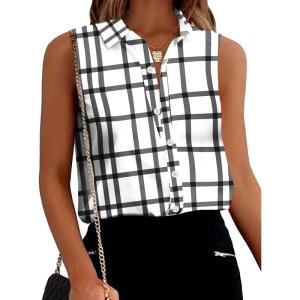 image:imageZeagoo Womens Button Down Shirts Sleeveless Blouses Casual V Neck Tank TopsBlack Plaid
