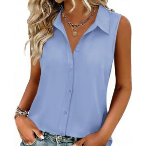 image:imageZeagoo Womens Button Down Shirts Sleeveless Blouses Casual V Neck Tank TopsLight Blue