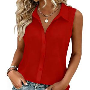 image:imageZeagoo Womens Button Down Shirts Sleeveless Blouses Casual V Neck Tank TopsRed
