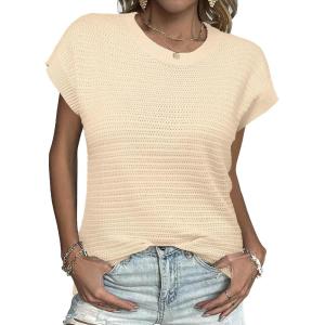 image:imageZeagoo Womens Cap Sleeve Sweaters Vest Crew Neck Knit Sweater Tops 2026 Casual Summer Sleeveless T ShirtApricot
