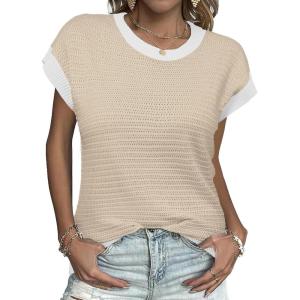 image:imageZeagoo Womens Cap Sleeve Sweaters Vest Crew Neck Knit Sweater Tops 2026 Casual Summer Sleeveless T ShirtAwhite