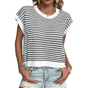 image:imageZeagoo Womens Cap Sleeve Sweaters Vest Crew Neck Knit Sweater Tops 2026 Casual Summer Sleeveless T ShirtStripe Black