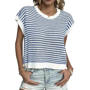 image:imageZeagoo Womens Cap Sleeve Sweaters Vest Crew Neck Knit Sweater Tops 2026 Casual Summer Sleeveless T ShirtStripe Blue