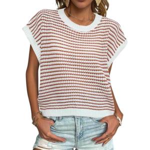 image:imageZeagoo Womens Cap Sleeve Sweaters Vest Crew Neck Knit Sweater Tops 2026 Casual Summer Sleeveless T ShirtStripe Red