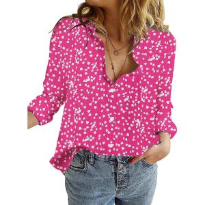 image:imageZeagoo Womens Cotton Button Down Shirts Long Sleeve V Neck Collared Tops Work Office Blouse Shirt 2025 SXXLRose Red Polka Dot