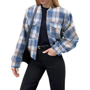 image:imageZeagoo Womens Cropped Jacket Stand Collar Long Sleeve Zip Up Shackets Bomber Jacket Coats with PocketsBlue Plaid Flannel