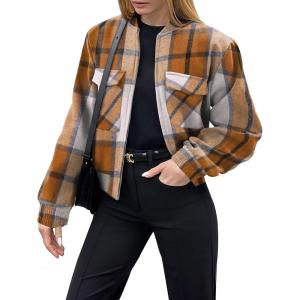 image:imageZeagoo Womens Cropped Jacket Stand Collar Long Sleeve Zip Up Shackets Bomber Jacket Coats with PocketsKhaki Plaid Flannel
