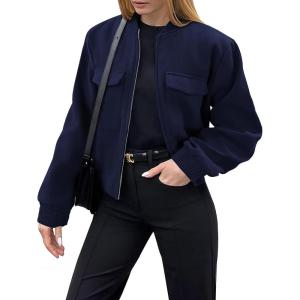 image:imageZeagoo Womens Cropped Jacket Stand Collar Long Sleeve Zip Up Shackets Bomber Jacket Coats with PocketsNavy Blue