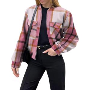 image:imageZeagoo Womens Cropped Jacket Stand Collar Long Sleeve Zip Up Shackets Bomber Jacket Coats with PocketsPink Plaid Flannel
