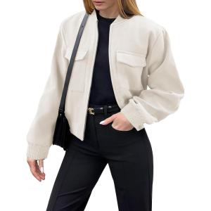 image:imageZeagoo Womens Cropped Jacket Stand Collar Long Sleeve Zip Up Shackets Bomber Jacket Coats with PocketsWhite