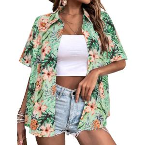 image:imageZeagoo Womens Hawaiian Button Down Shirts Short Sleeve Casual Floral Tropical Shirt Summer Beach Shirt Cool Button Up TopsAgreen Tropical