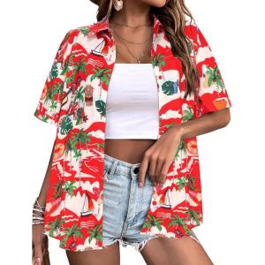 image:imageZeagoo Womens Hawaiian Button Down Shirts Short Sleeve Casual Floral Tropical Shirt Summer Beach Shirt Cool Button Up TopsAred Christmas